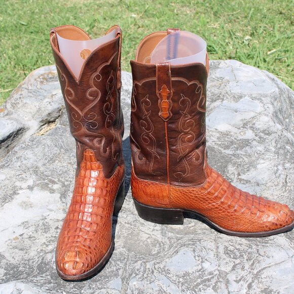 🧩 Ammons Alligator Cowboy Boots | Cognac Headcut | Men’s 12 D | Exotic Round To - Picture 6 of 9